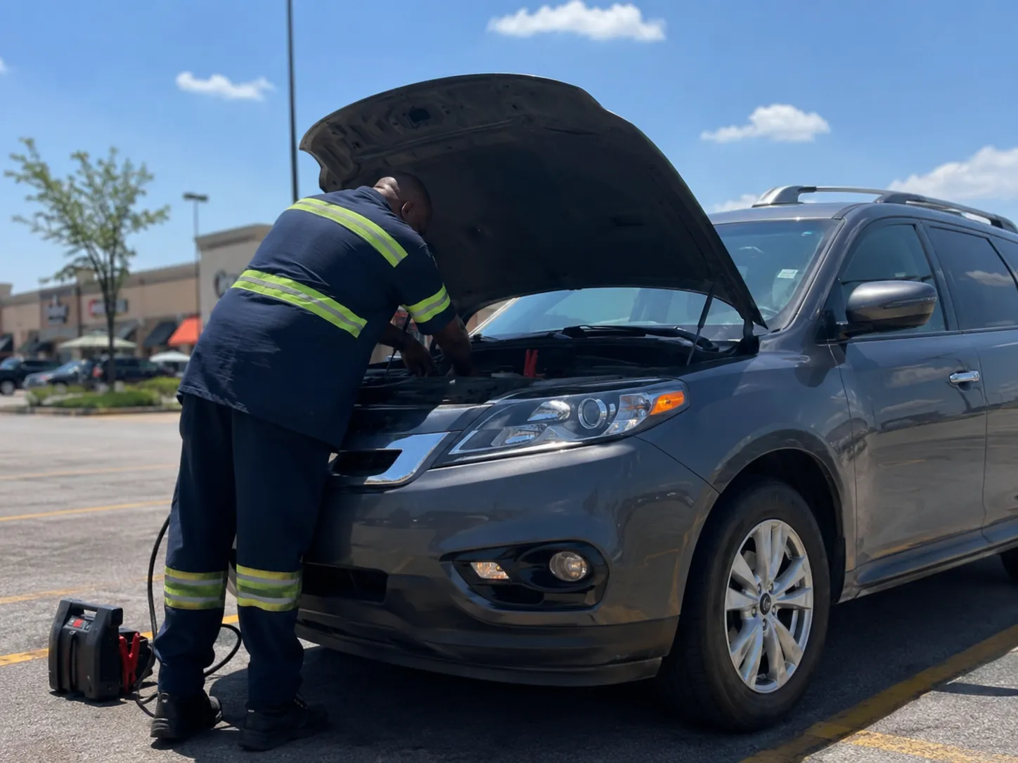 Roadside assistance jump starting an SUV in a Humble parking lot