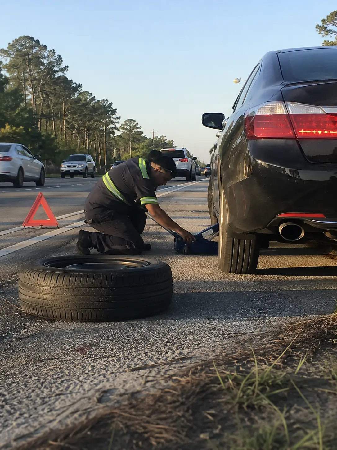 Roadside tire change on the shoulder of a feeder road near Atascocita