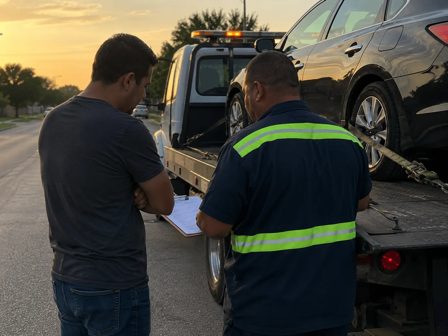 Tow operator going over paperwork with a customer in Atascocita